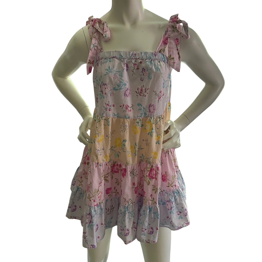 LoveShackFancy Target Floral Tiered Mini Dress Pink Yellow XS‎ Tie Shoulder